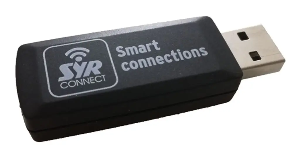Schwarzer USB-WLAN-Stick mit der Aufschrift „SYR CONNECT“ und „Smart connections“ auf der Oberseite, geeignet für Netzwerkverbindungen.